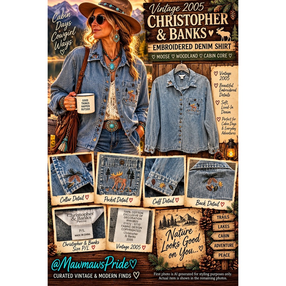 Vintage Y2K Christopher Banks Denim Shirt L Moose Embroidered Cabin Cottagecore